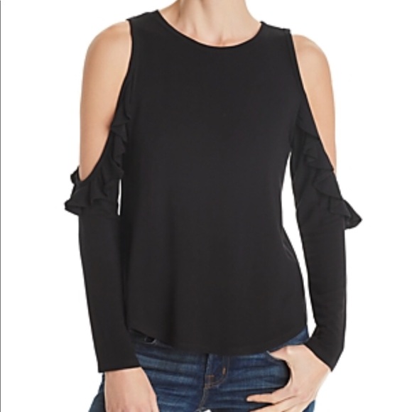 Generation Love Tops - Generation Love Cold Shoulder Black Ruffle Detail